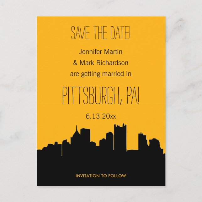 Pittsburgh Wedding Black and Gold Save the Date Announcement Postcard (Front)