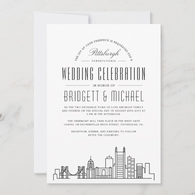 Pittsburgh Wedding | Modern Deco Skyline  Invitation (Front)