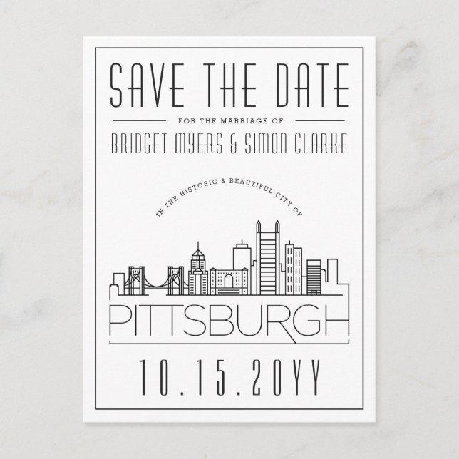 Pittsburgh Wedding Stylised Skyline Save the Date Postcard (Front)