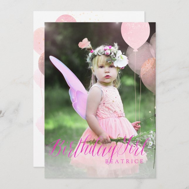 PixDezine ANY AGE, Birthday Girl Glitter Balloons Invitation (Front/Back)