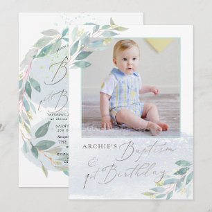 PixDezine Baptism+1st Birthday Watercolor Greenery Invitation