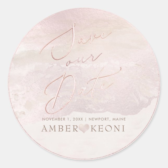 PixDezine Beach Iridescent Blush Save Our Date Classic Round Sticker (Front)
