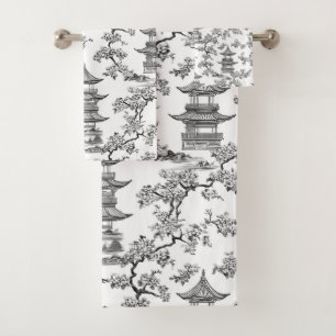 PixDezine Black Chinoiserie Pagoda Cherry Blossoms Bath Towel Set