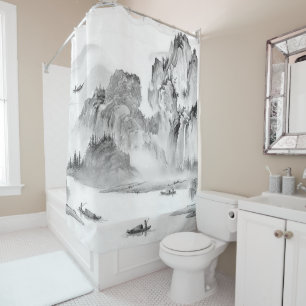 PixDezine Black Chinoiserie River Valley Landscape Shower Curtain
