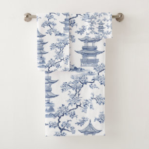 PixDezine Blue Chinoiserie Pagodas Cherry Blossoms Bath Towel Set