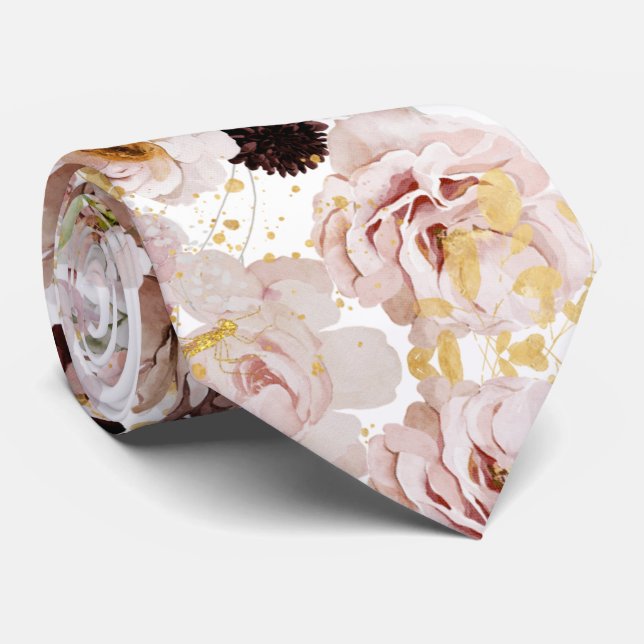 PixDezine Boho H2 Dusty Roses Burgundy Mums Tie (Rolled)