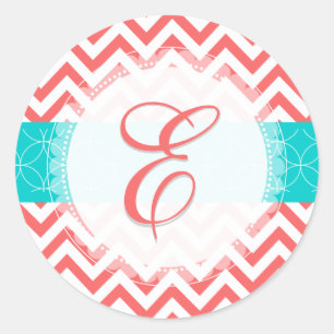 PixDezine chevron/coral/monogram/diy colours Classic Round Sticker