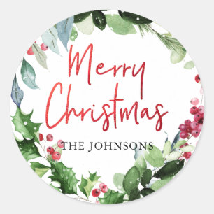 PixDezine Christmas Watercolor Winter Greenery Classic Round Sticker