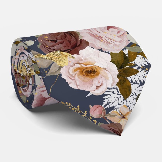 PixDezine H2 Flowers Burgundy Blush Roses Navy Tie (Rolled)