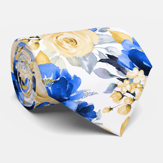 PixDezine H2 Flowers Cerulean Blue Gold Roses Tie (Rolled)