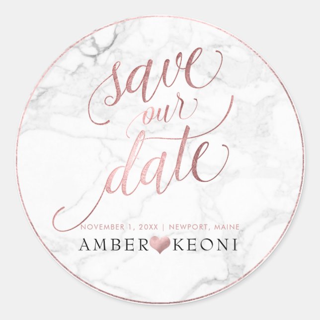 PixDezine Marble/Faux Gold Save Our Date Classic Round Sticker (Front)