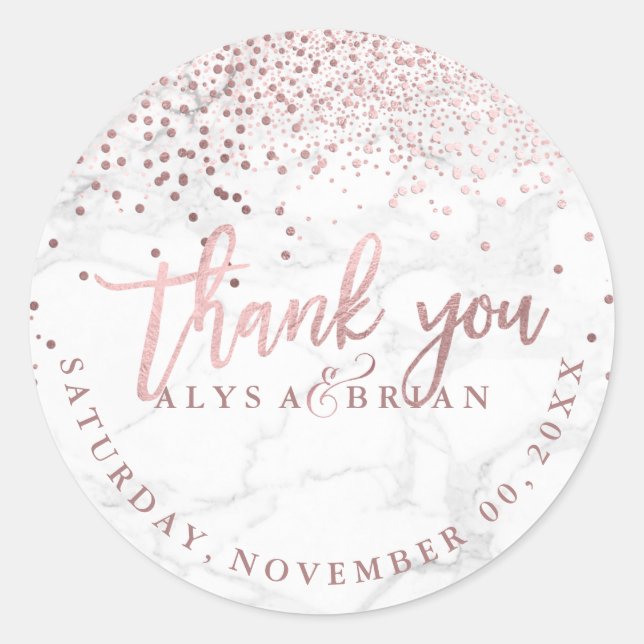 PixDezine Marble/Faux Rose Gold Confetti Thank You Classic Round Sticker (Front)