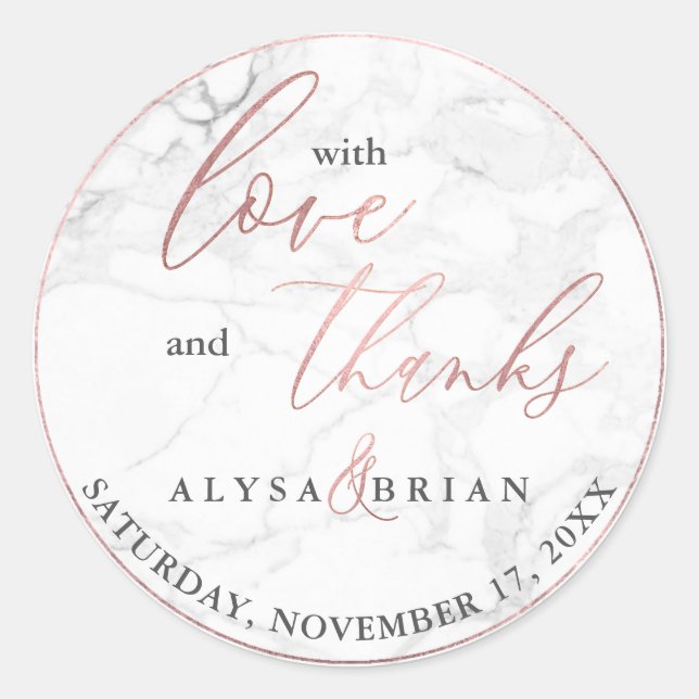 PixDezine Marble/Faux Rose Gold Love+Thanks Classic Round Sticker (Front)