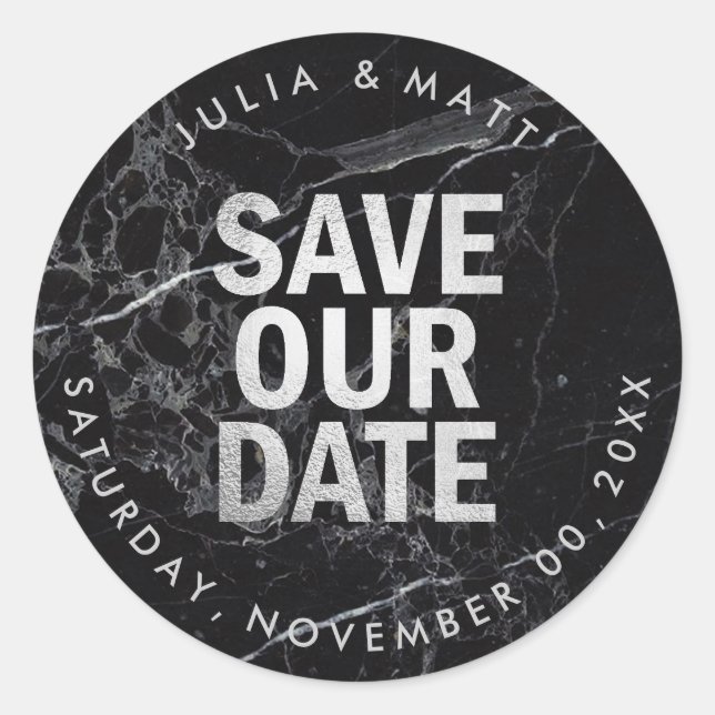 PixDezine Marble Save the Date/Faux Silver Classic Round Sticker (Front)