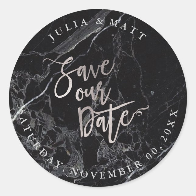 PixDezine Marble Save the Date/Faux Silver Classic Round Sticker (Front)
