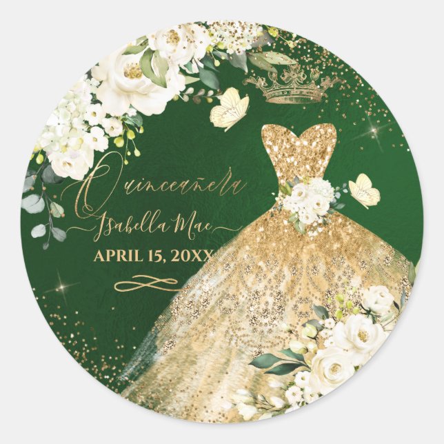 PixDezine Quinceanera Gold Glitter Gown Roses Classic Round Sticker (Front)