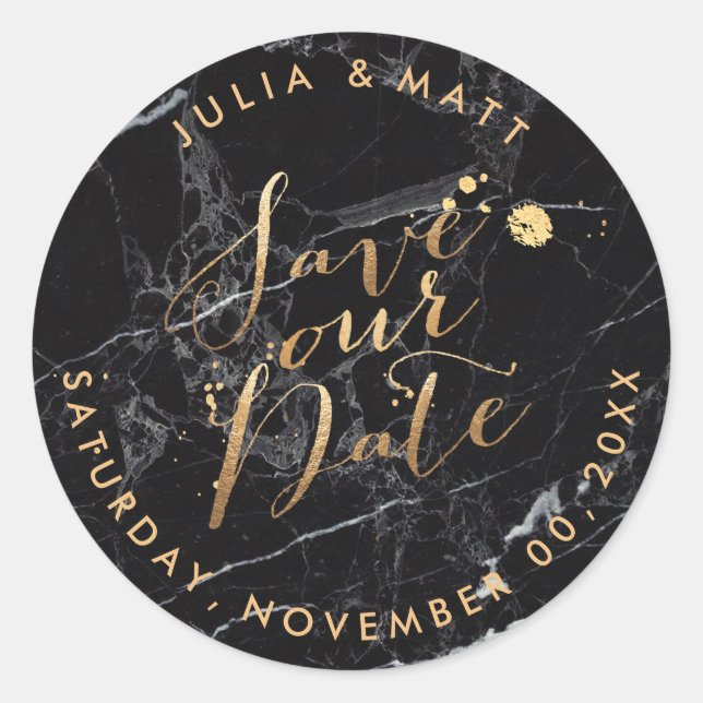 PixDezine Save the Date/Marble+Faux Gold Classic Round Sticker (Front)