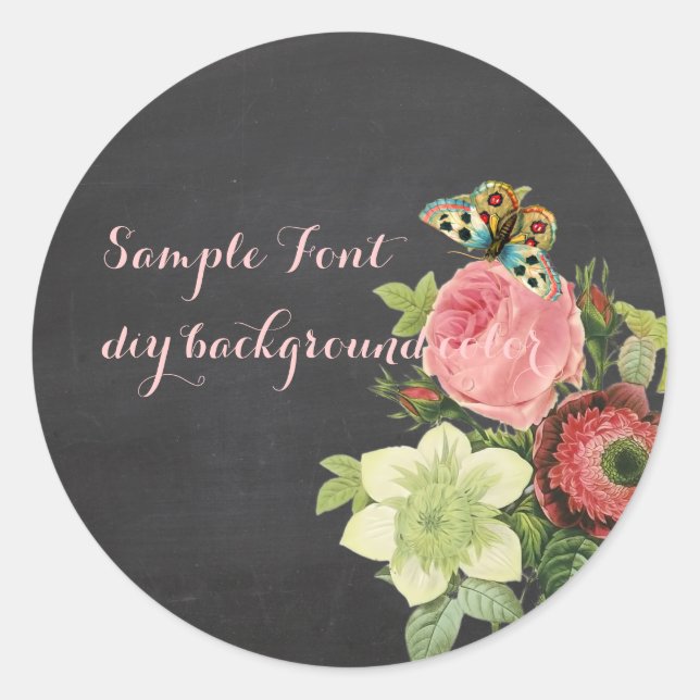 PixDezine vintage redoute rose+chalkboard Classic Round Sticker (Front)