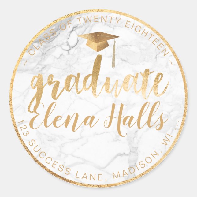 PixDezines 2018 Graduation/Marble+Faux Gold Classic Round Sticker (Front)
