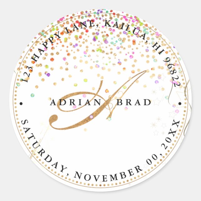 PixDezines A-Z Script Monogram, Rainbow Confetti Classic Round Sticker (Front)