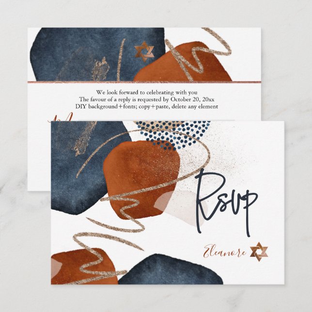 PixDezines Abstract RSVP Navy Copper  Bat Mitzvah✡ Card (Front/Back)