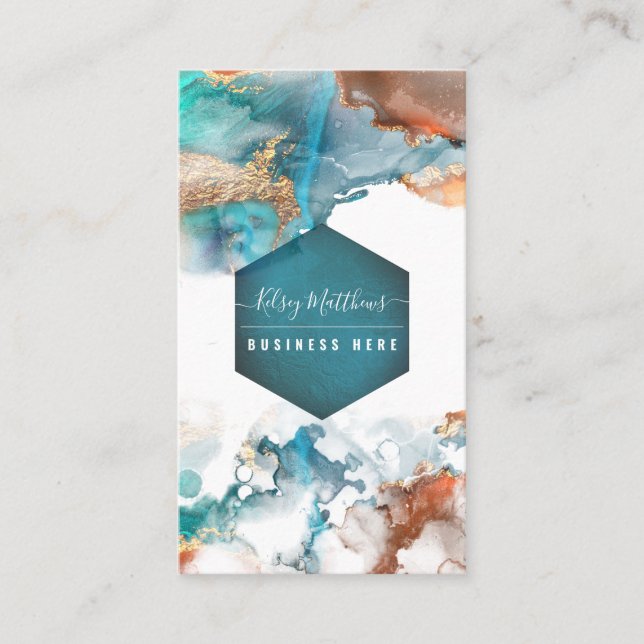 PixDezines Abstract Watercolor Copper Gold Teal Business Card (Front)