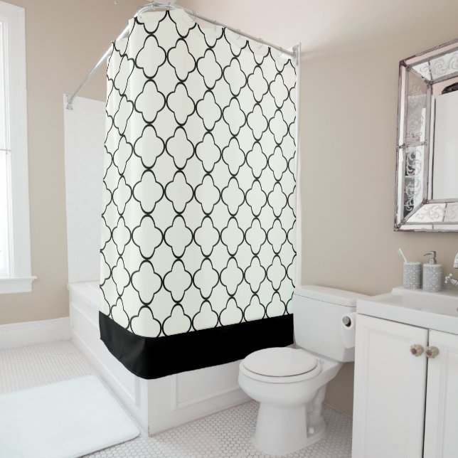 PixDezines Adjustable Quatrefoil DIY Colour Black Shower Curtain (In Situ)