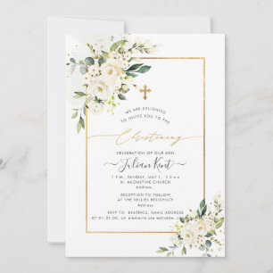 PixDezines Alabaster Roses H2 Flowers Christening Invitation