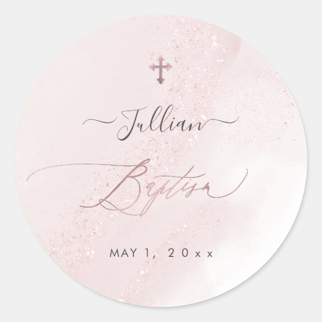 PixDezines AlcoholInk Blush Pink Rose Gold Baptism Classic Round Sticker (Front)