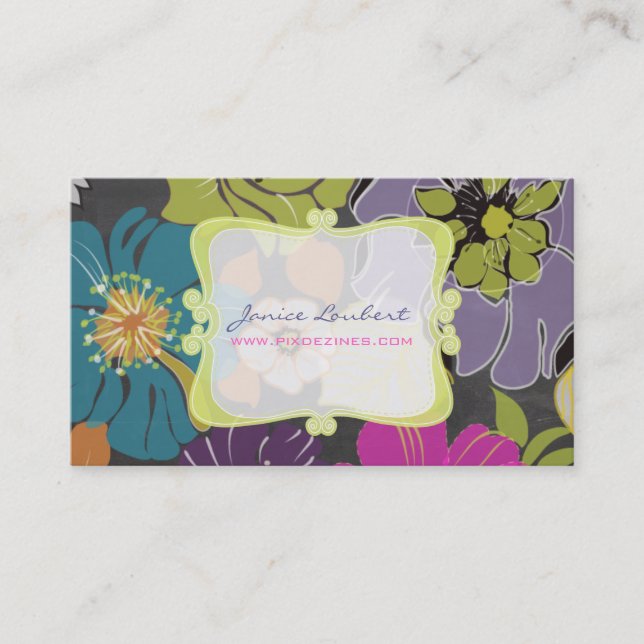 PixDezines alegre retro flowers/chalkboard Business Card (Front)