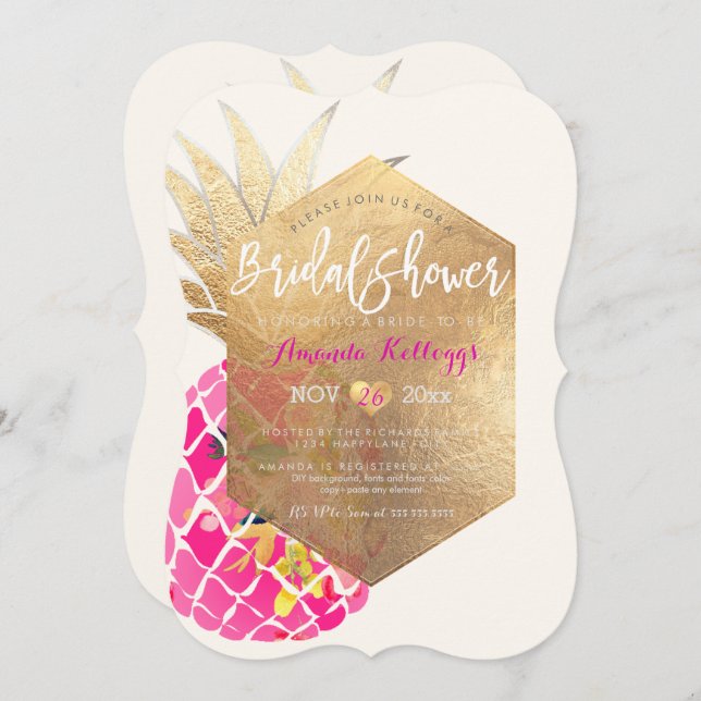 PixDezines Aloha Pineapple Bridal Shower+Faux Gold Invitation (Front/Back)