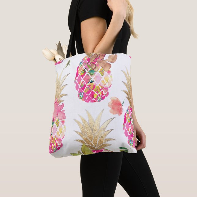 PixDezines Aloha Pineapple+Floral Watercolor Tote Bag (Close Up)