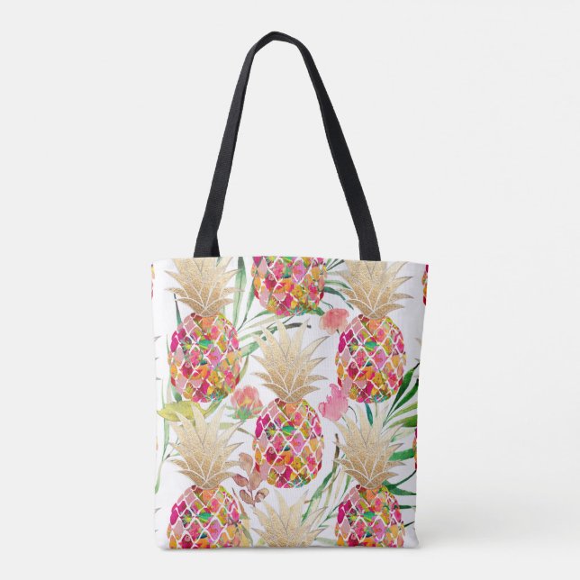 PixDezines Aloha Pineapple+Palm Fronds Watercolor Tote Bag (Back)