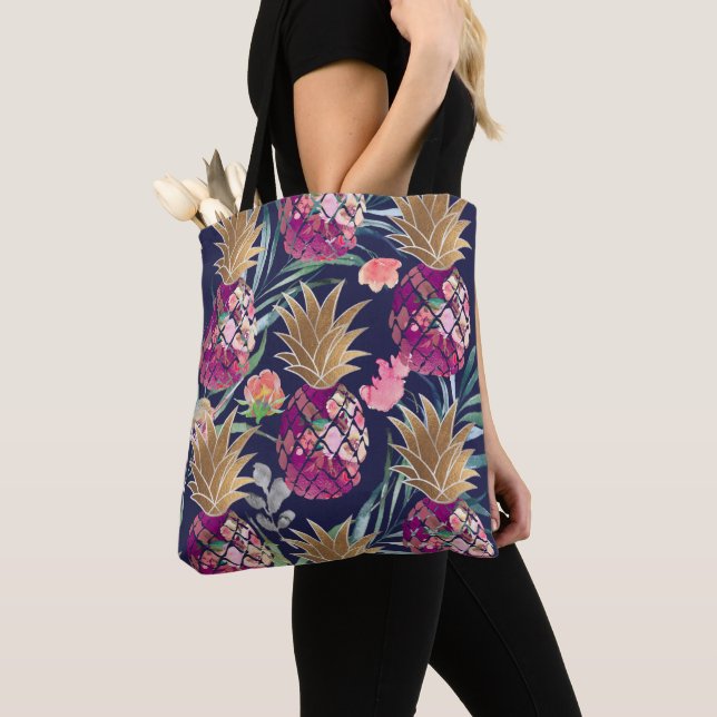 PixDezines Aloha Pineapple+Palm Fronds Watercolor Tote Bag (Close Up)