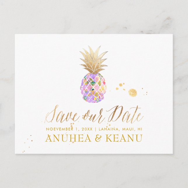 PixDezines Aloha Pineapple/Purple/Save the Date Announcement Postcard (Front)