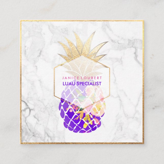 PixDezines Aloha Pineapples/Gold/Marble Square Business Card (Front)