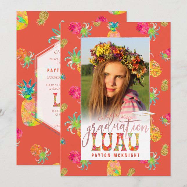 PixDezines Aloha Pineapples Graduation Luau Invitation (Front/Back)