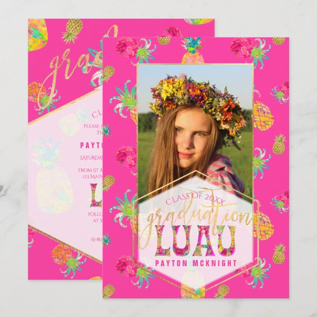 PixDezines Aloha Pineapples Graduation Luau Invitation (Front/Back)