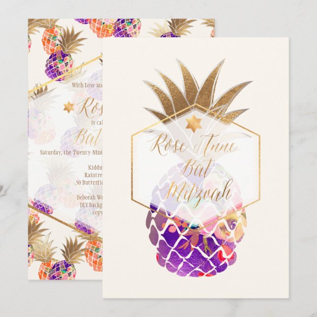 PixDezines Aloha Pineapples/Watercolor/Bat Mitzvah Invitation (Front/Back)