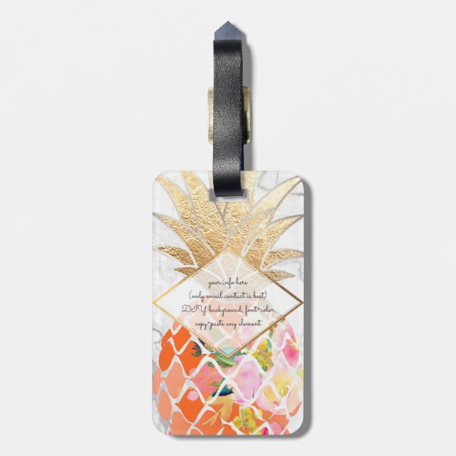 PixDezines Aloha Pineapples+White Marble Luggage Tag (Back Vertical)
