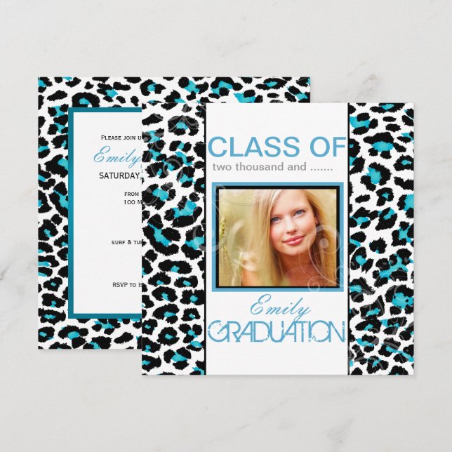 PixDezines Aqua Blue Leopard Print Graduation Invitation (Front/Back)