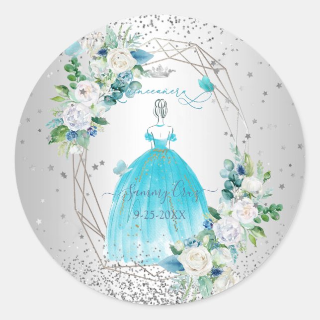 PixDezines Aqua Blue Quinceanera Dress Classic Round Sticker (Front)