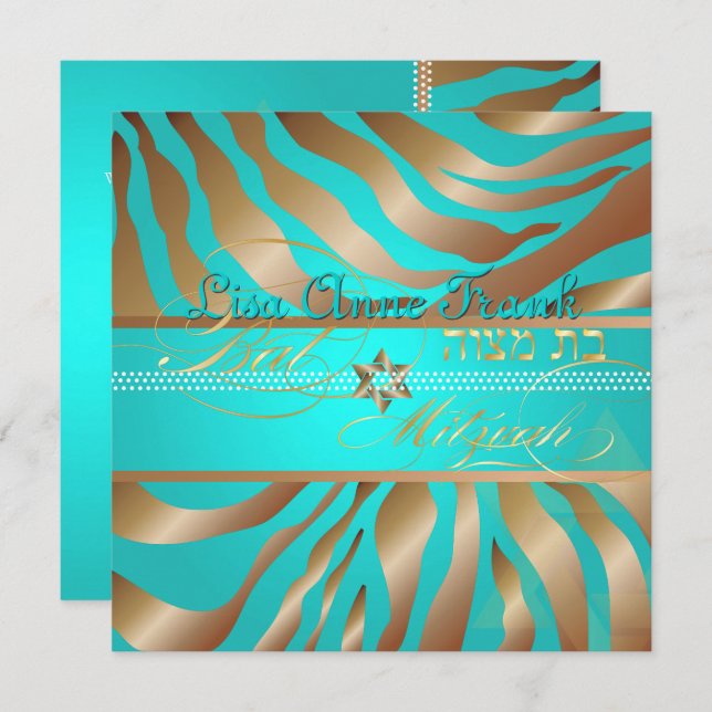 PixDezines Aqua+Tan Zebra Stripes, Bat Mitzvah Invitation (Front/Back)