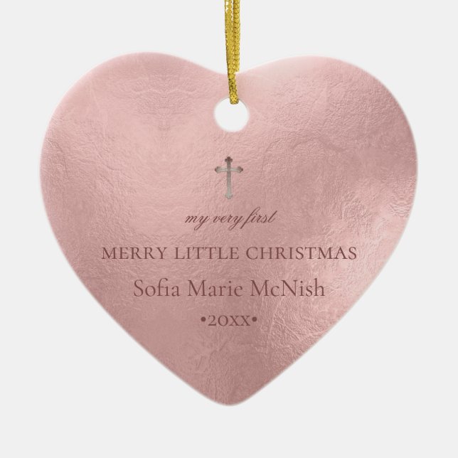 PixDezines Baby's 1st Christmas Photo, Rose Gold Ceramic Ornament (Front)