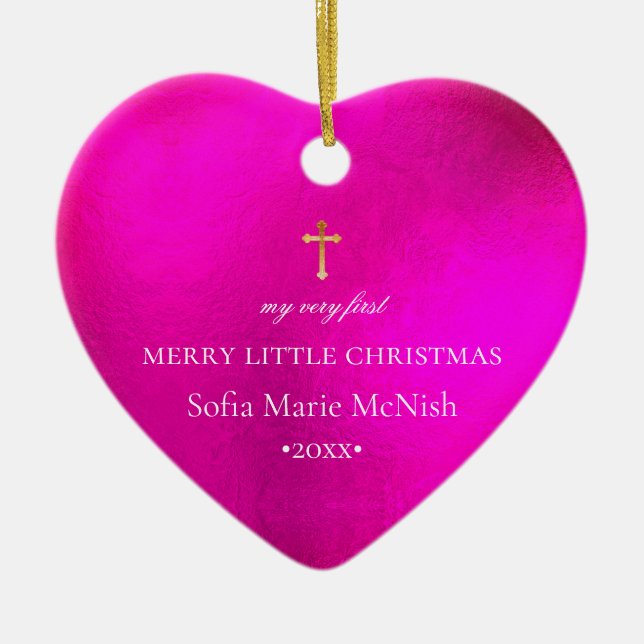 PixDezines Baby's First Christmas, Hot Pink Ceramic Ornament (Front)