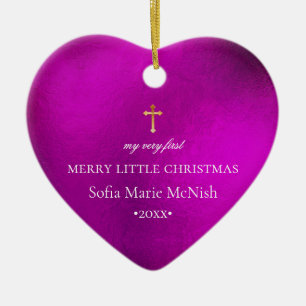 PixDezines Baby's First Christmas, Pink Magenta Ceramic Ornament
