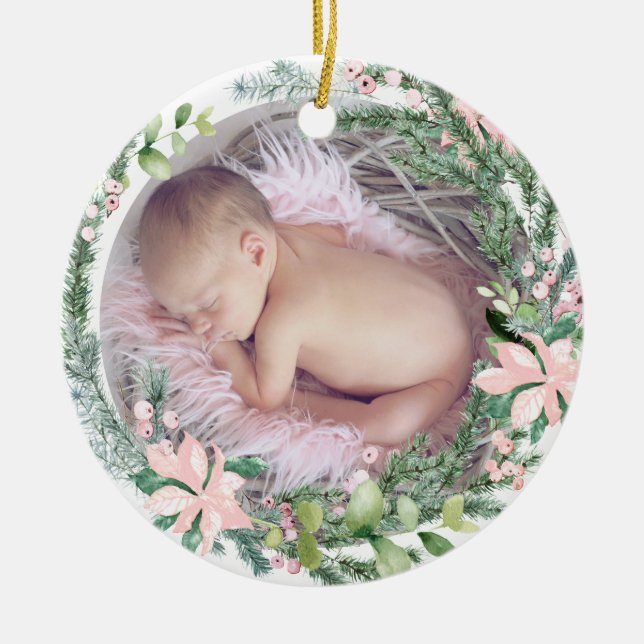PixDezines Baby's First Christmas Winter Wreath Ceramic Ornament (Front)