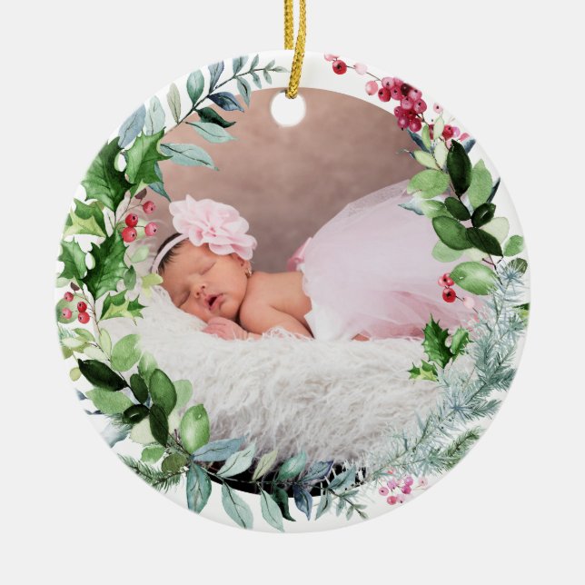 PixDezines Baby's First Christmas Winter Wreath Ceramic Ornament (Front)