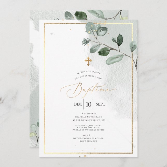 PixDezines Baptême d'Eucalyptus Rustique Aquarelle Invitation (Front/Back)