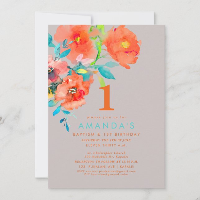 PixDezines Baptism+ 1stBirthday Watercolor Flowers Invitation (Front)